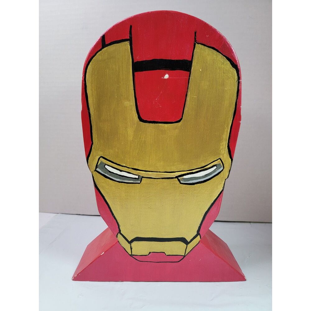 Handmade Wooden Iron Man Coin Bank Hand Painted Superhero Display